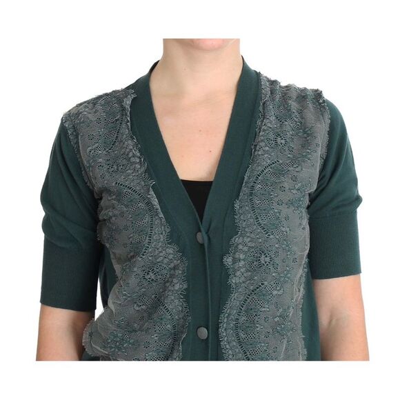 PINK MEMORIES Lace Detail Cardigan Short Sleeves Women Green Sweaters - Picture 4 of 5